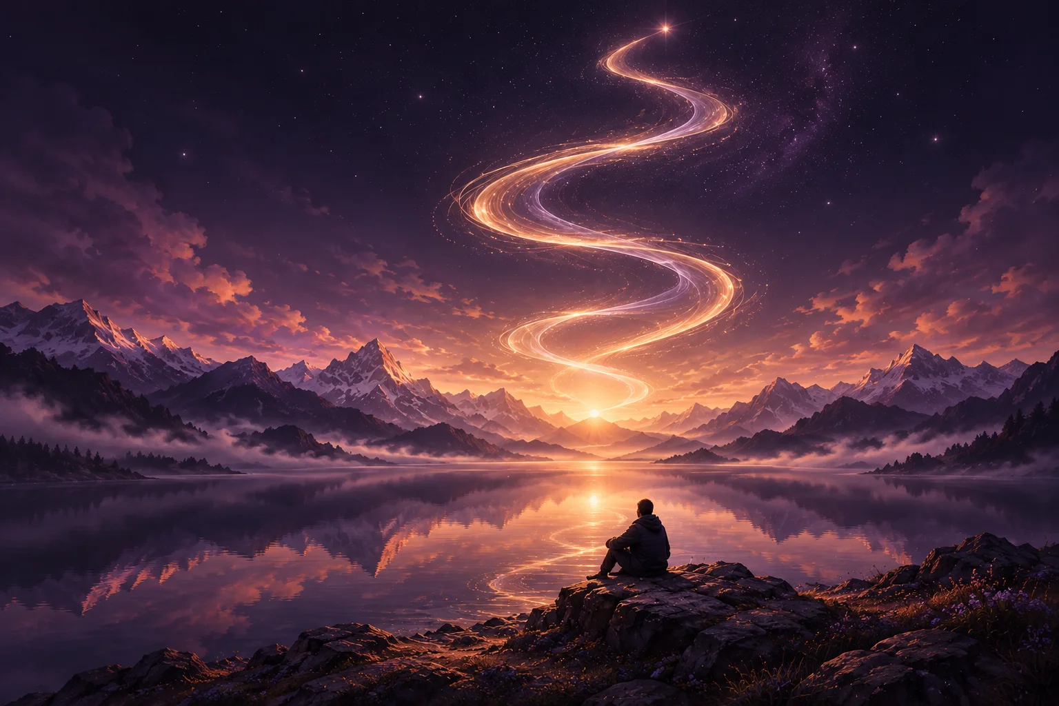 Spiral cahaya di atas pegunungan dan danau, dengan seorang pejalan yang memandangnya.